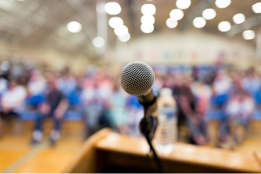 Microphones prepared for a media briefing